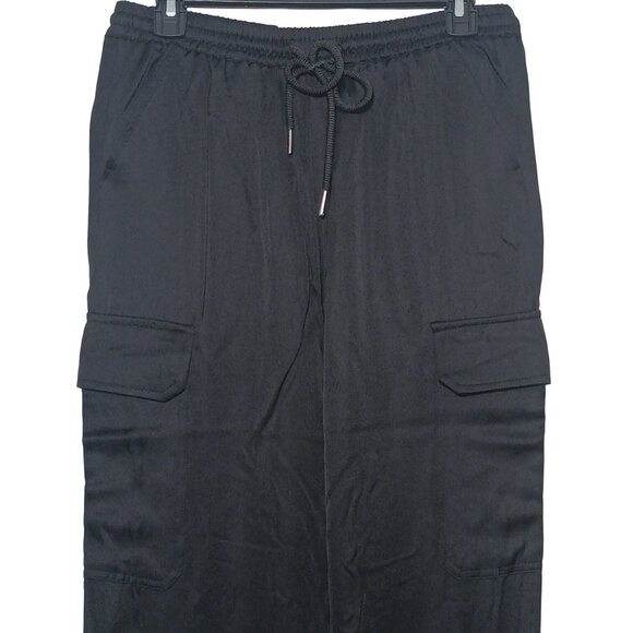 NEW Satin Mid-Rise Cargo Pants, Black Lightweight‎ Joggers Elastic Waist, Size M - Picture 7 of 13